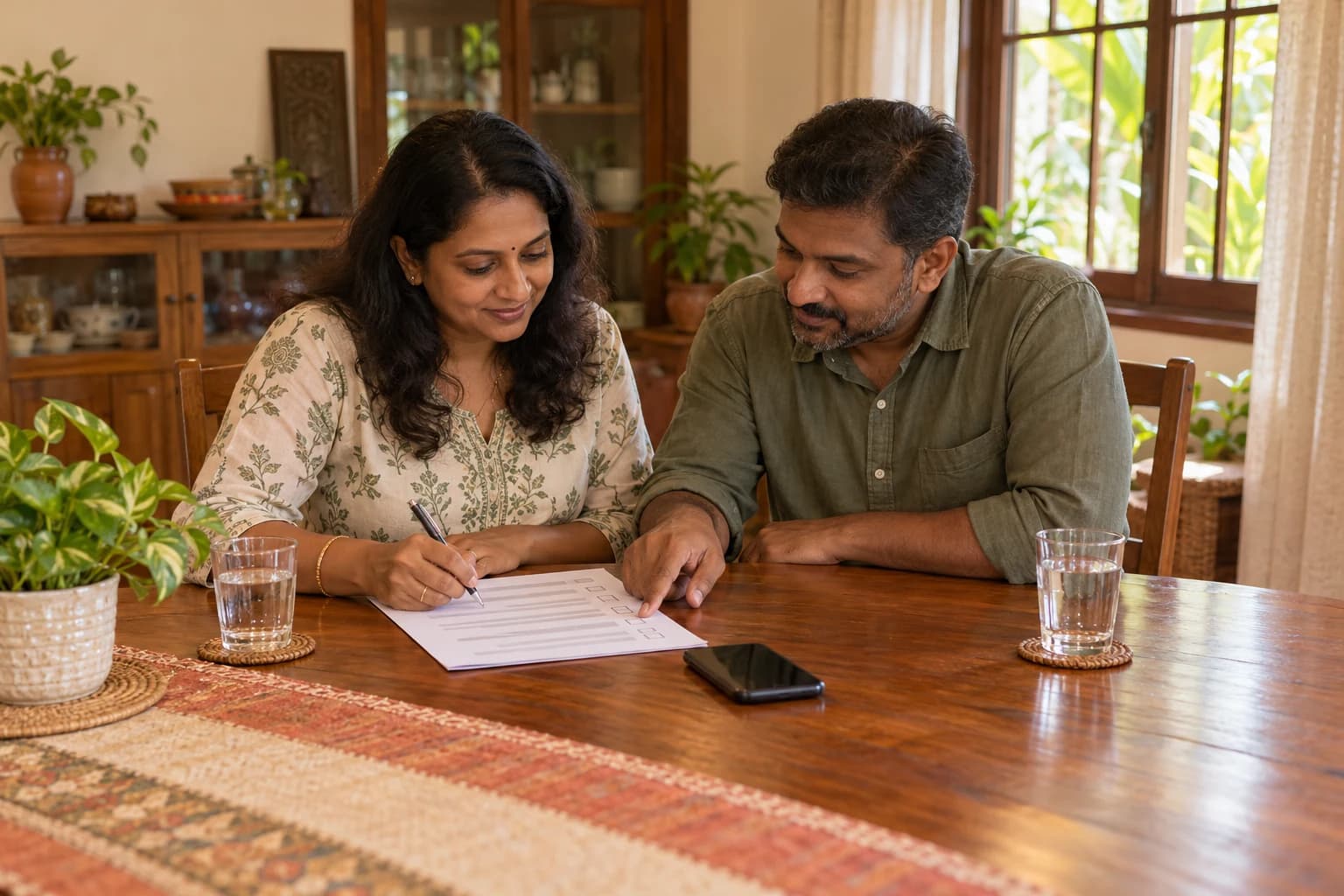 A sister writes on a printed checklist at a dining table while her brother points to a line, with a phone between them