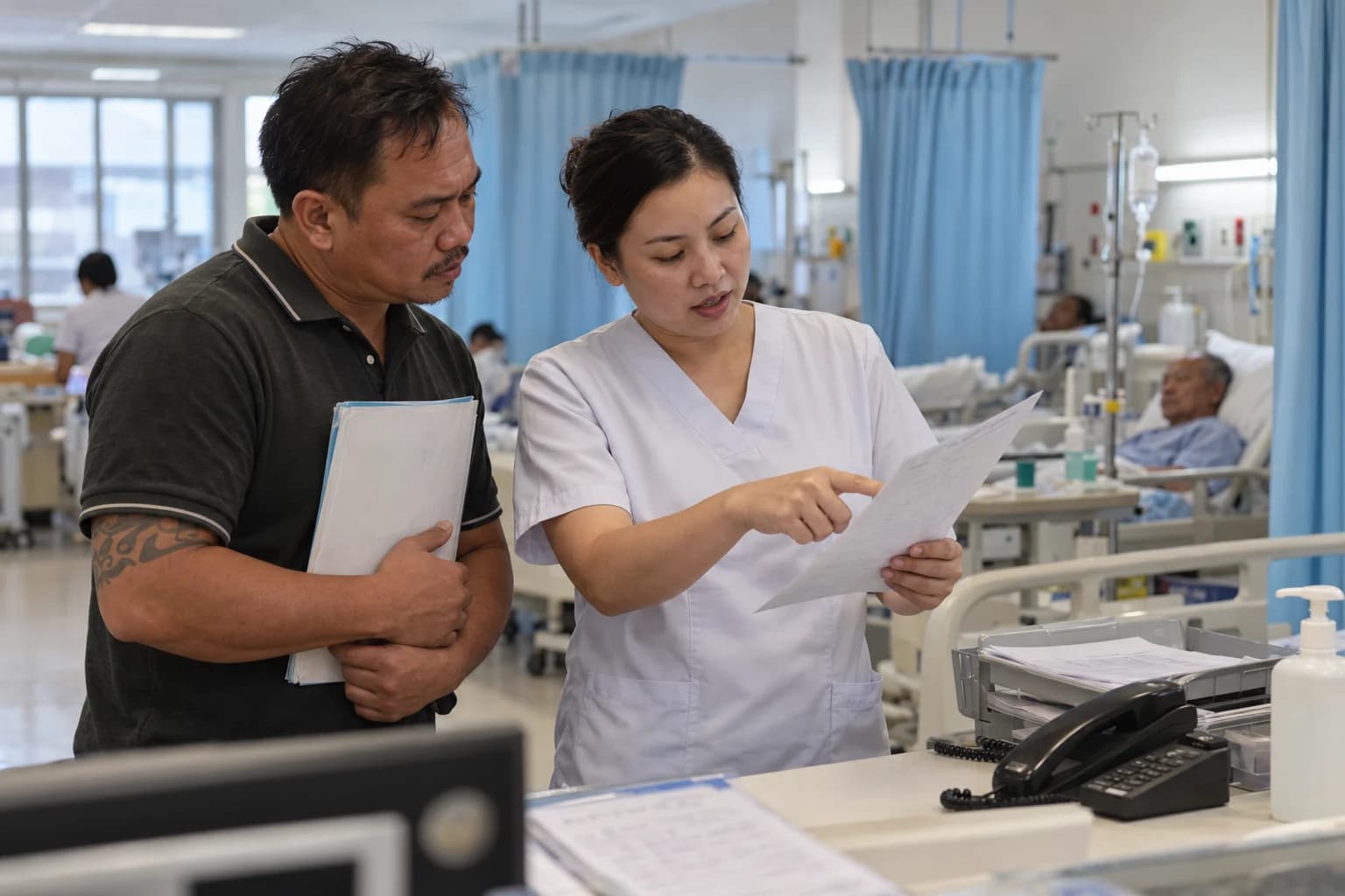 At a hospital ward counter, a nurse points to a line on a printed sheet as a man holding a folder of papers listens