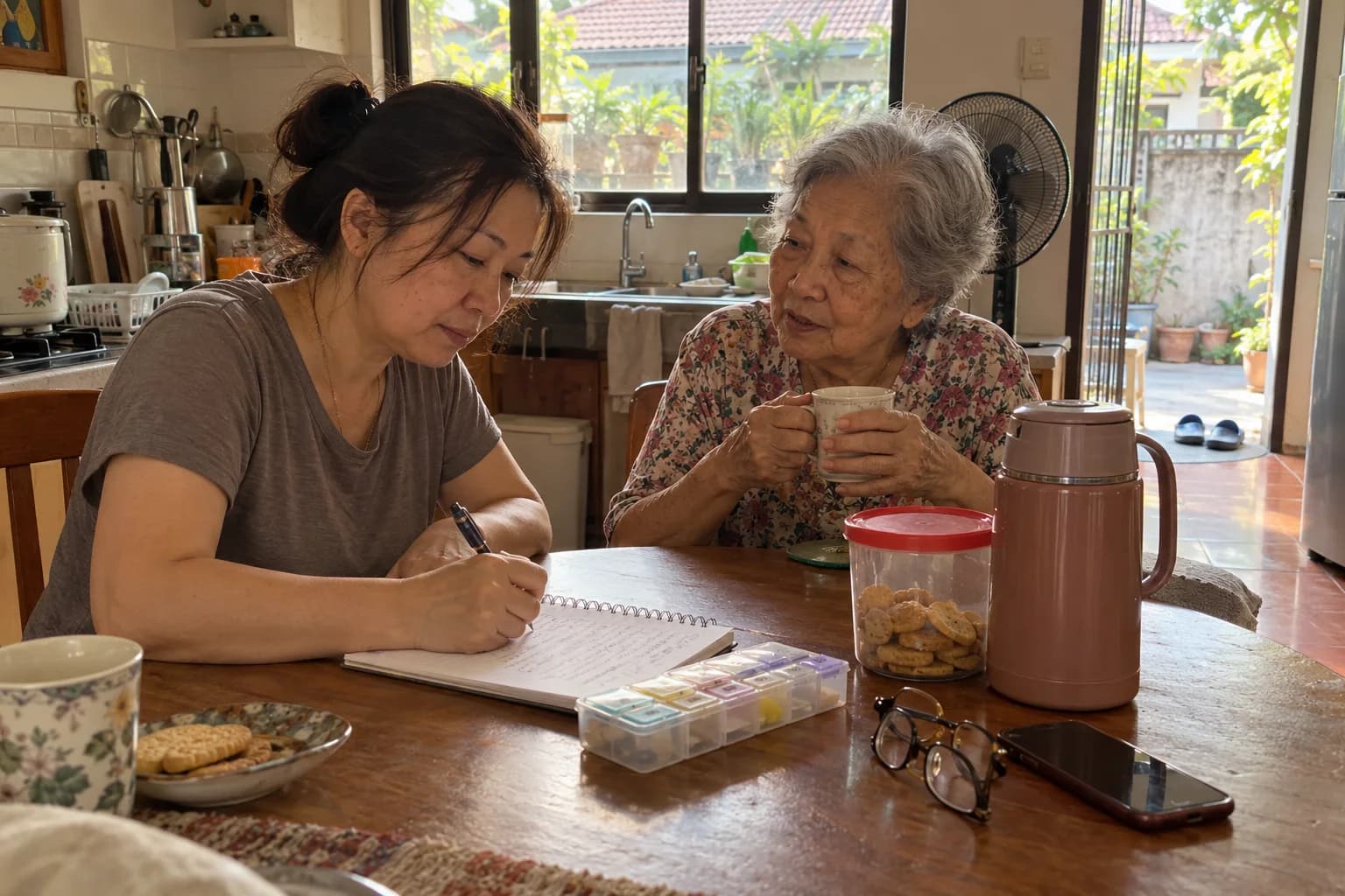 A woman writes a list in a notebook at her mother's kitchen table while her mother, holding a cup of tea, talks her through the day
