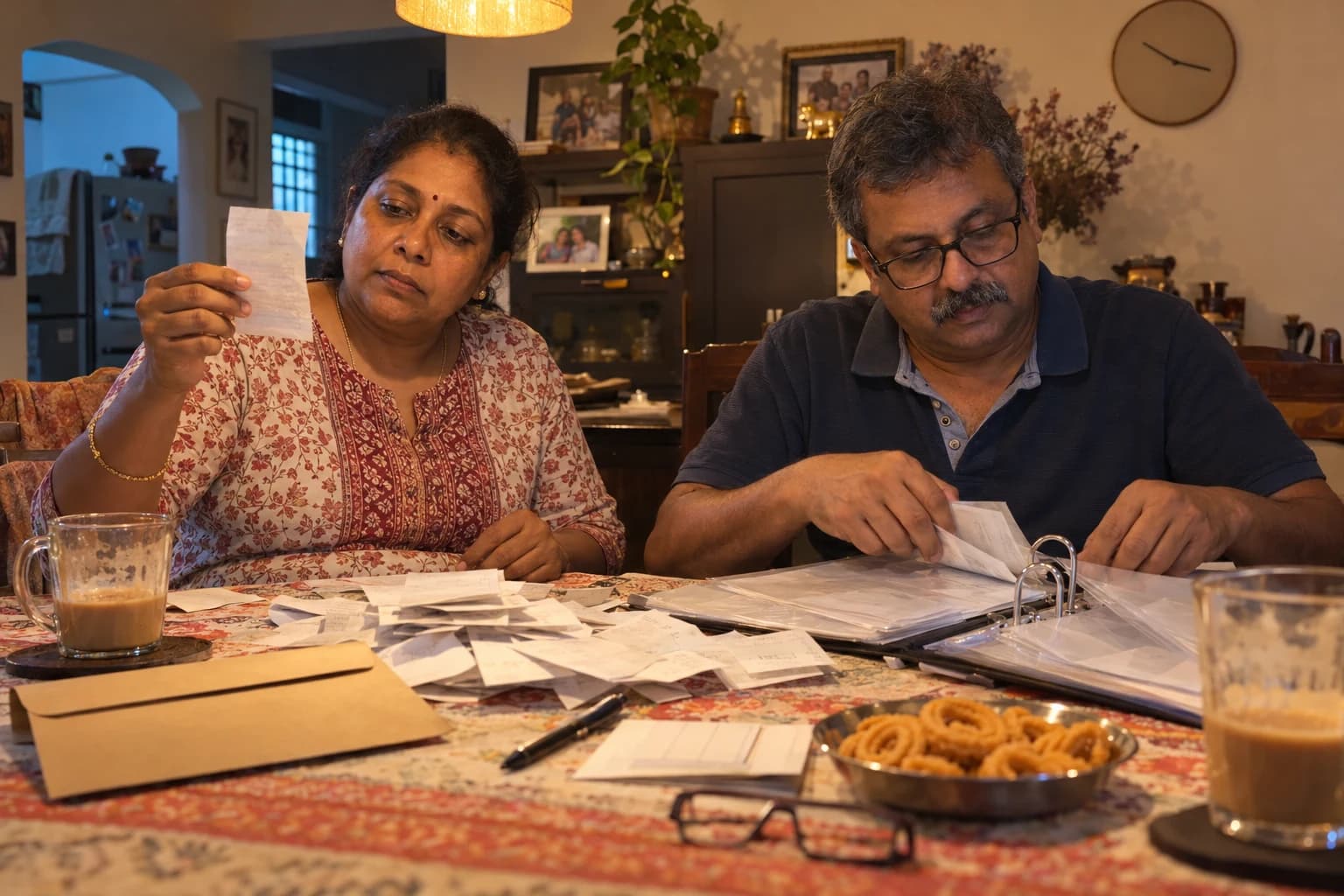 A couple at their dining table in the evening sort pharmacy receipts into a ring binder, with cups of tea and a dish of murukku beside them