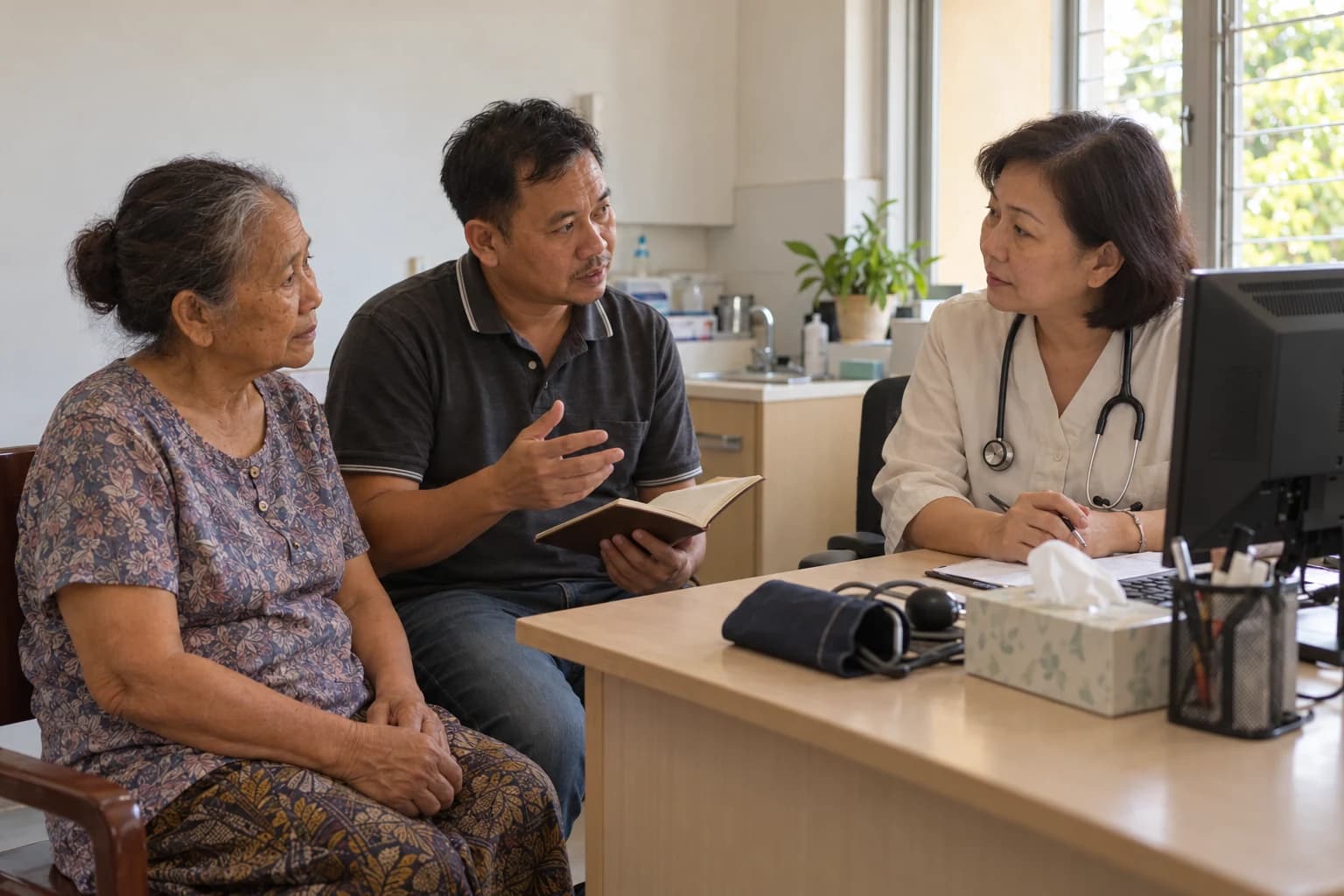 At a family doctor's desk, a man holds an open notebook and explains while his elderly mother sits beside him and the doctor listens