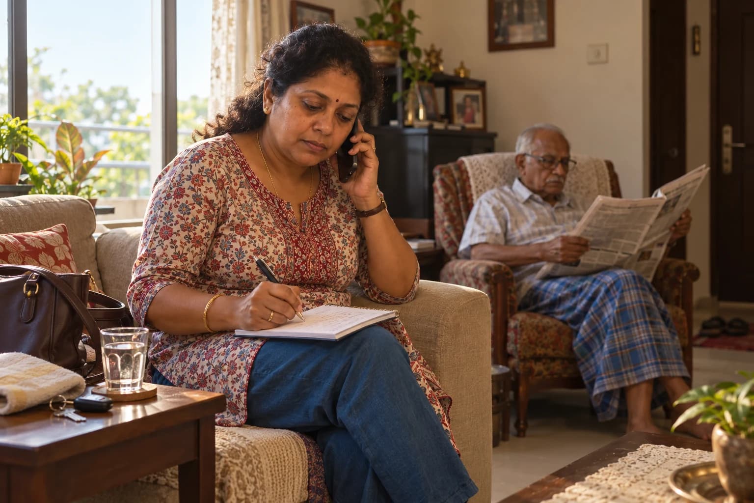 A woman on the phone writes notes in a notebook on her knee while her father reads the newspaper in an armchair behind her