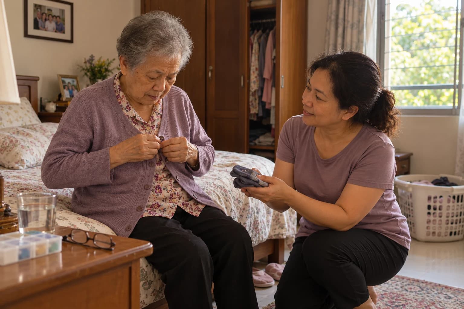 A woman kneels beside her mother, who sits on the edge of her bed buttoning a cardigan, and holds out a pair of socks