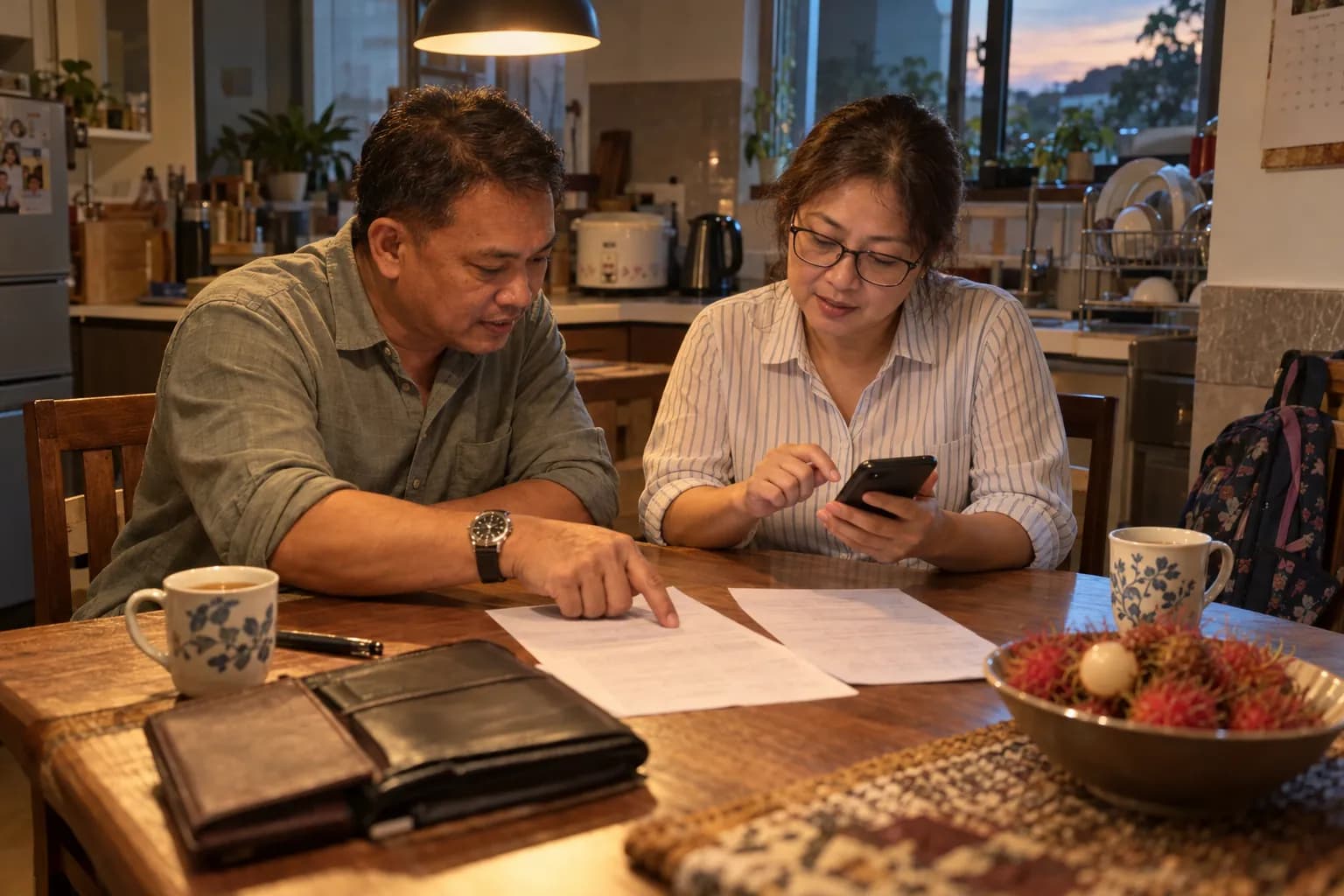 A brother and sister sit at a kitchen table in the evening, going over two printed pages and a phone