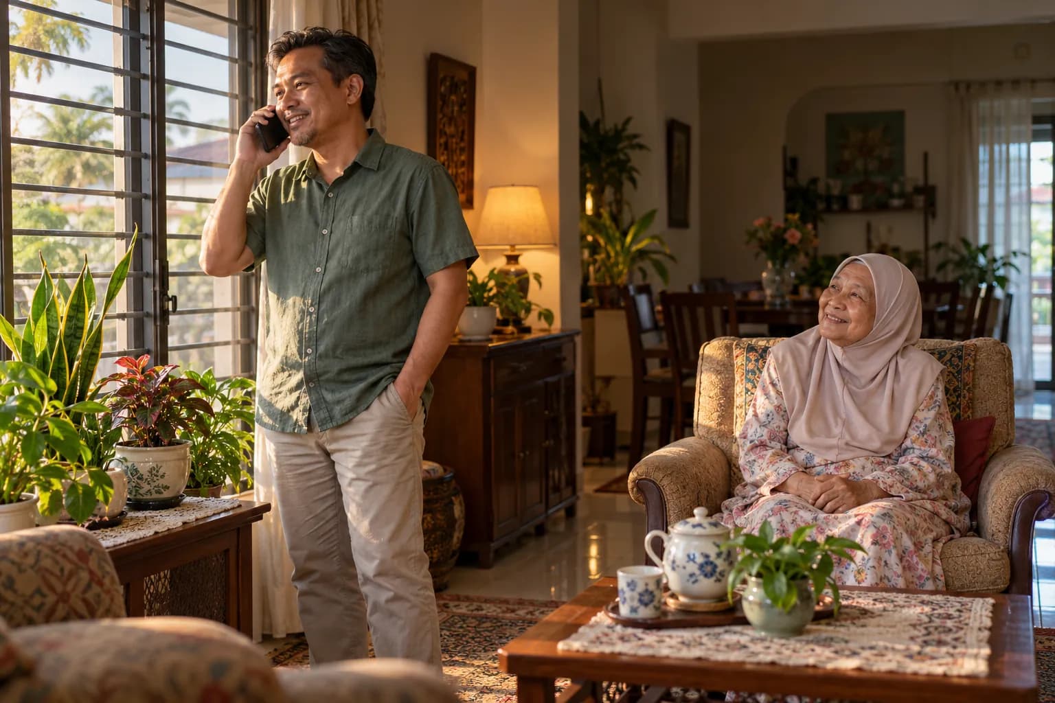 A man talks on his phone by the living room window while his mother listens from her armchair, smiling