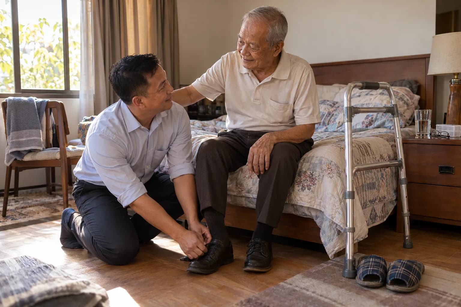 A son kneels to tie his father's shoe while his father sits on the edge of the bed, a walking frame beside him