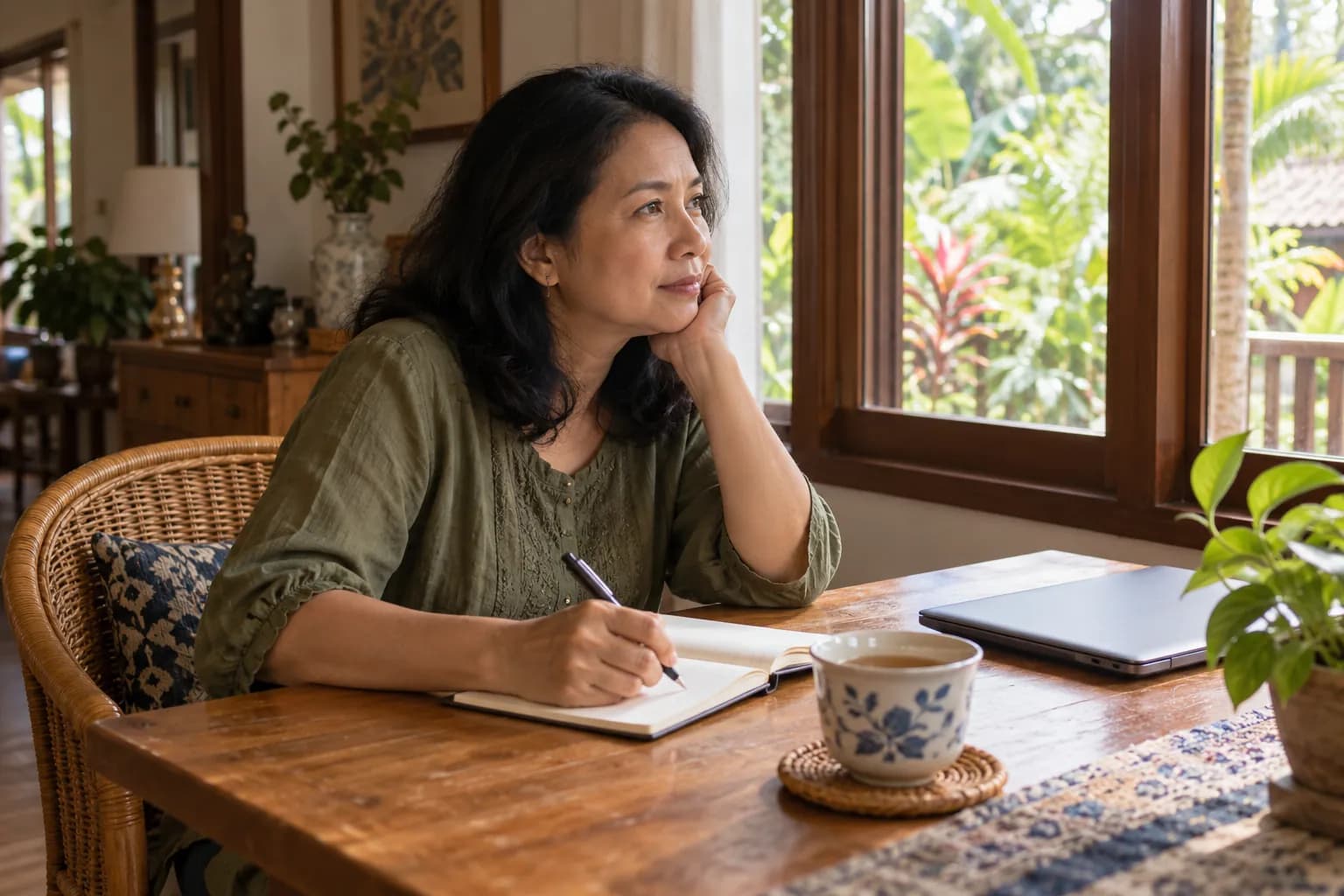 A woman sits by a window at home with a cup of tea, writing in a small notebook