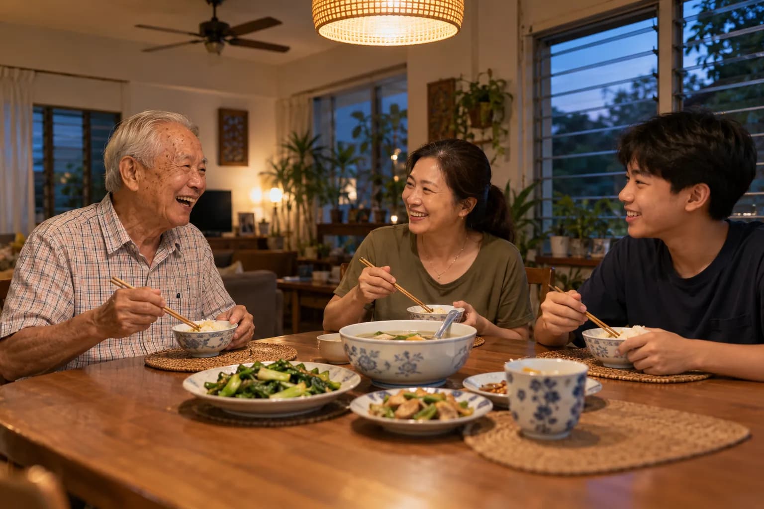 A grandfather laughs over a home-cooked dinner with his daughter and teenage grandson at the family table in the evening