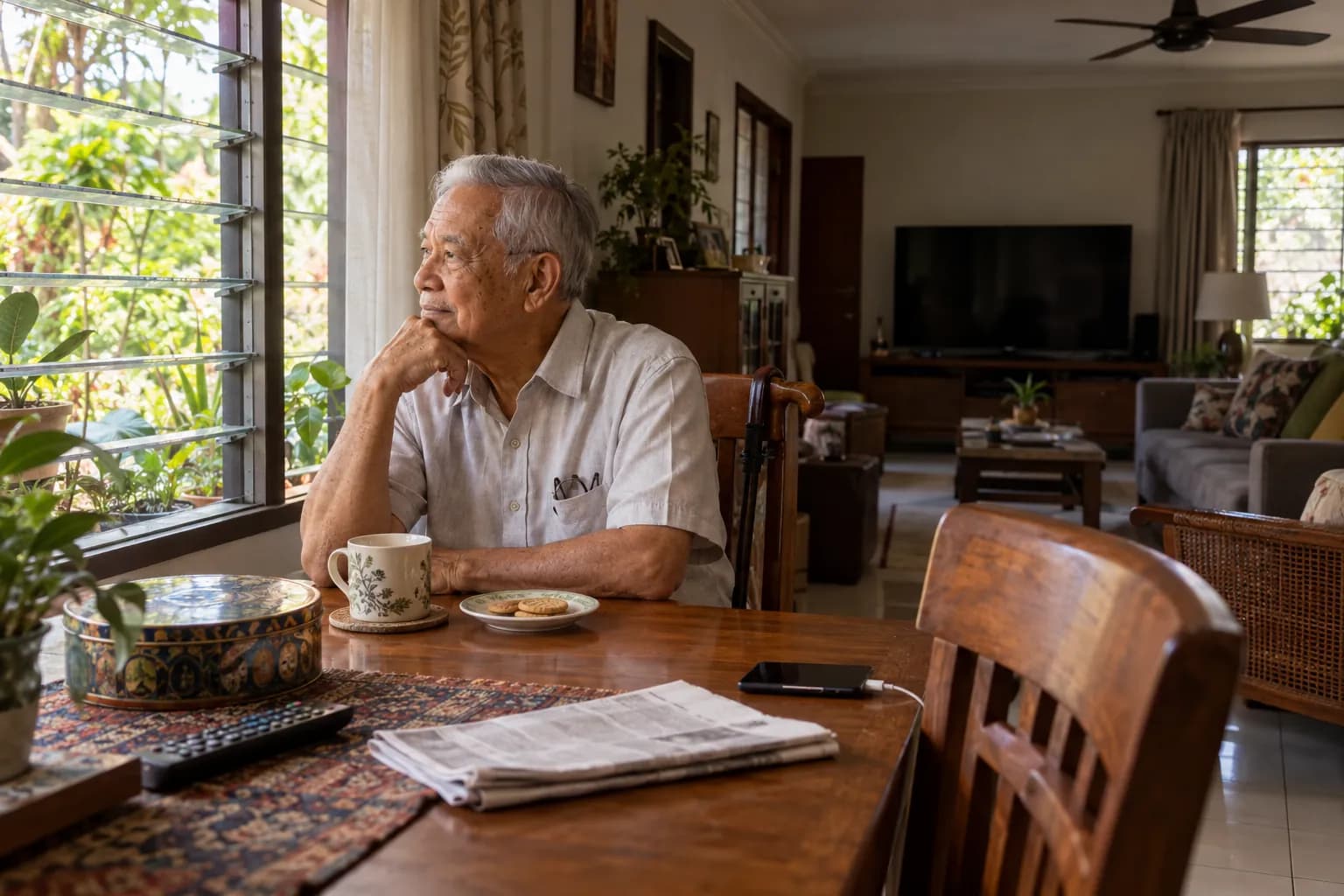 An older man sits alone at his dining table with a cup of tea and a plate of biscuits, looking out of the window