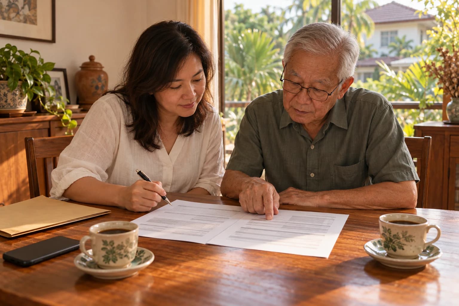 A woman and her father sit at a teak dining table going through a printed fee quote together, with cups of coffee beside them