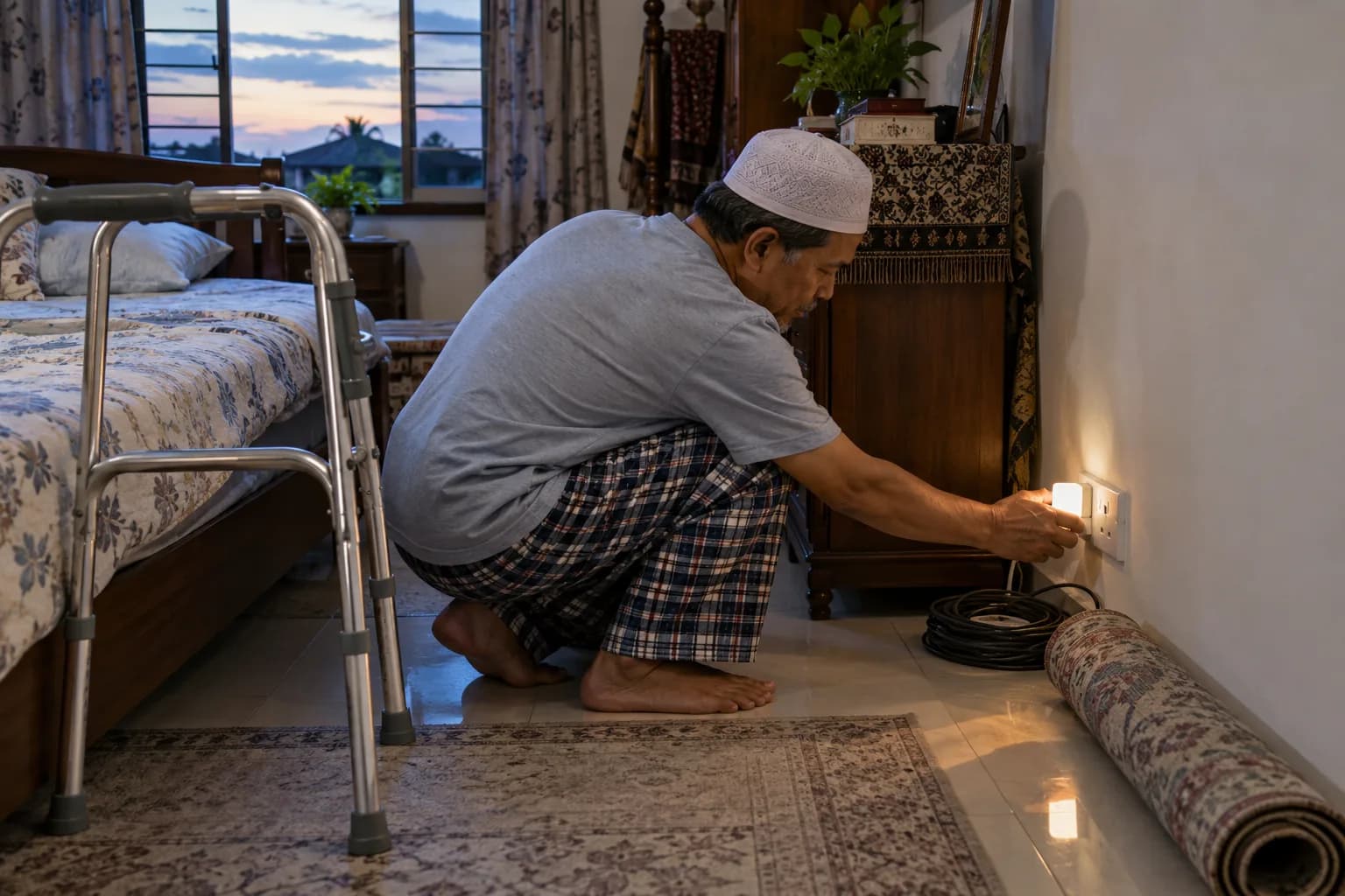 An older man in a bedroom plugs a night light into the wall, beside a rolled-up rug and a walking frame by the bed