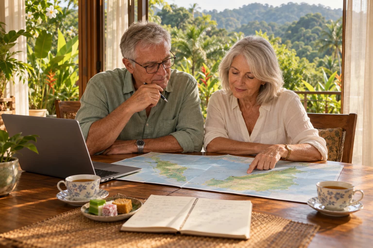 An older couple compare places to retire over a map of Malaysia at a teak dining table, with a laptop, a notebook and cups of tea, and a tropical garden through the window behind
