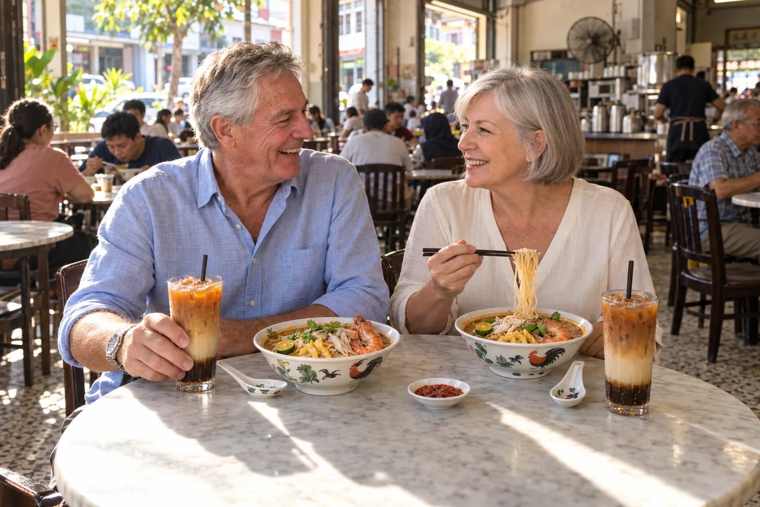 An older couple share bowls of Sarawak laksa and glasses of layered iced tea at a marble table in a busy Kuching coffee shop