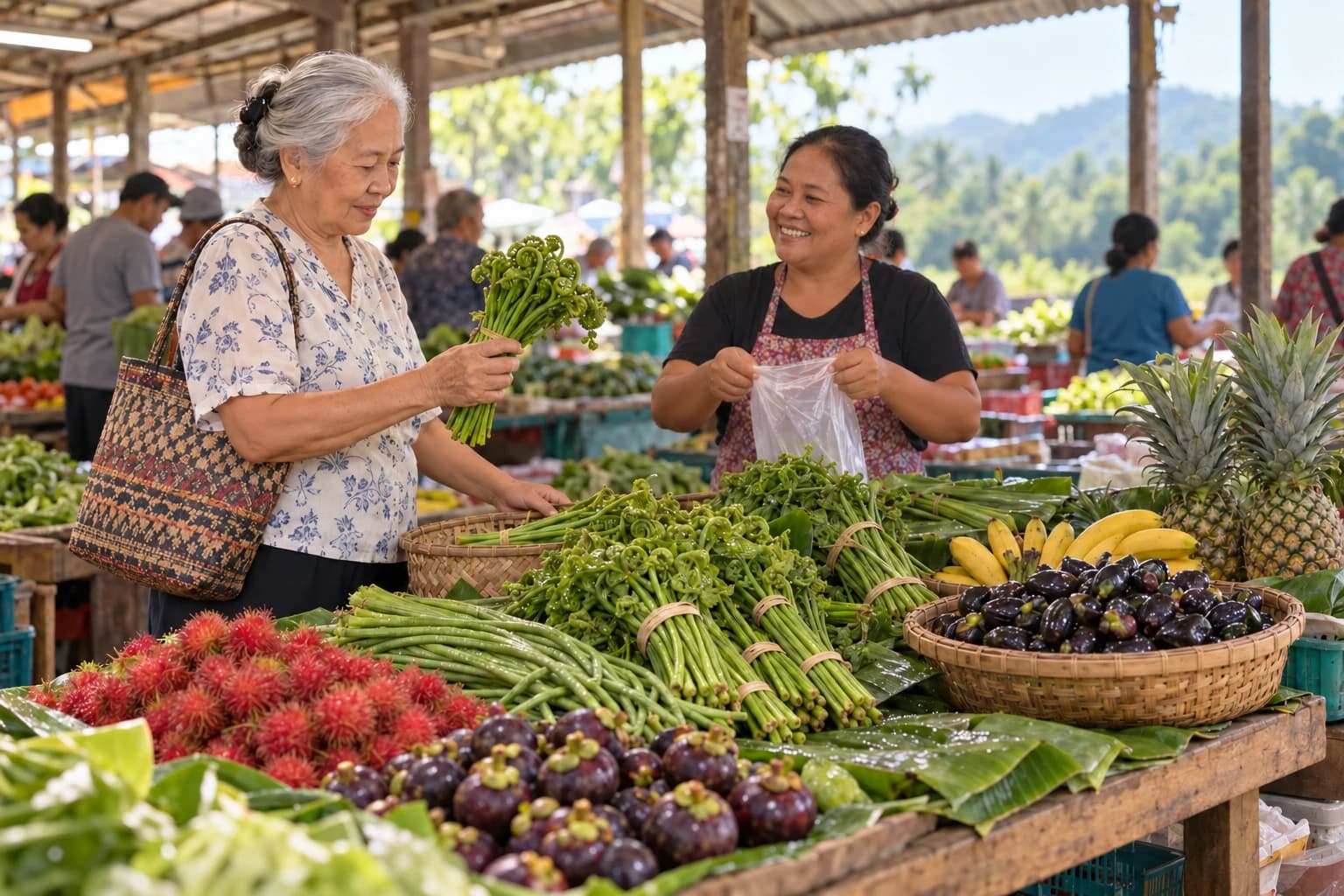 An older woman inspects a bundle of fresh fern shoots at a market stall piled with rambutans, mangosteens, long beans and pineapples