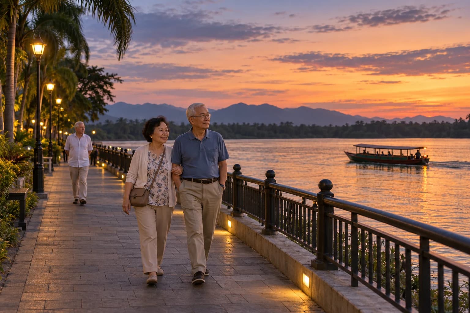 An older couple walk arm in arm along a lamplit riverside promenade at dusk as a small passenger boat crosses the river