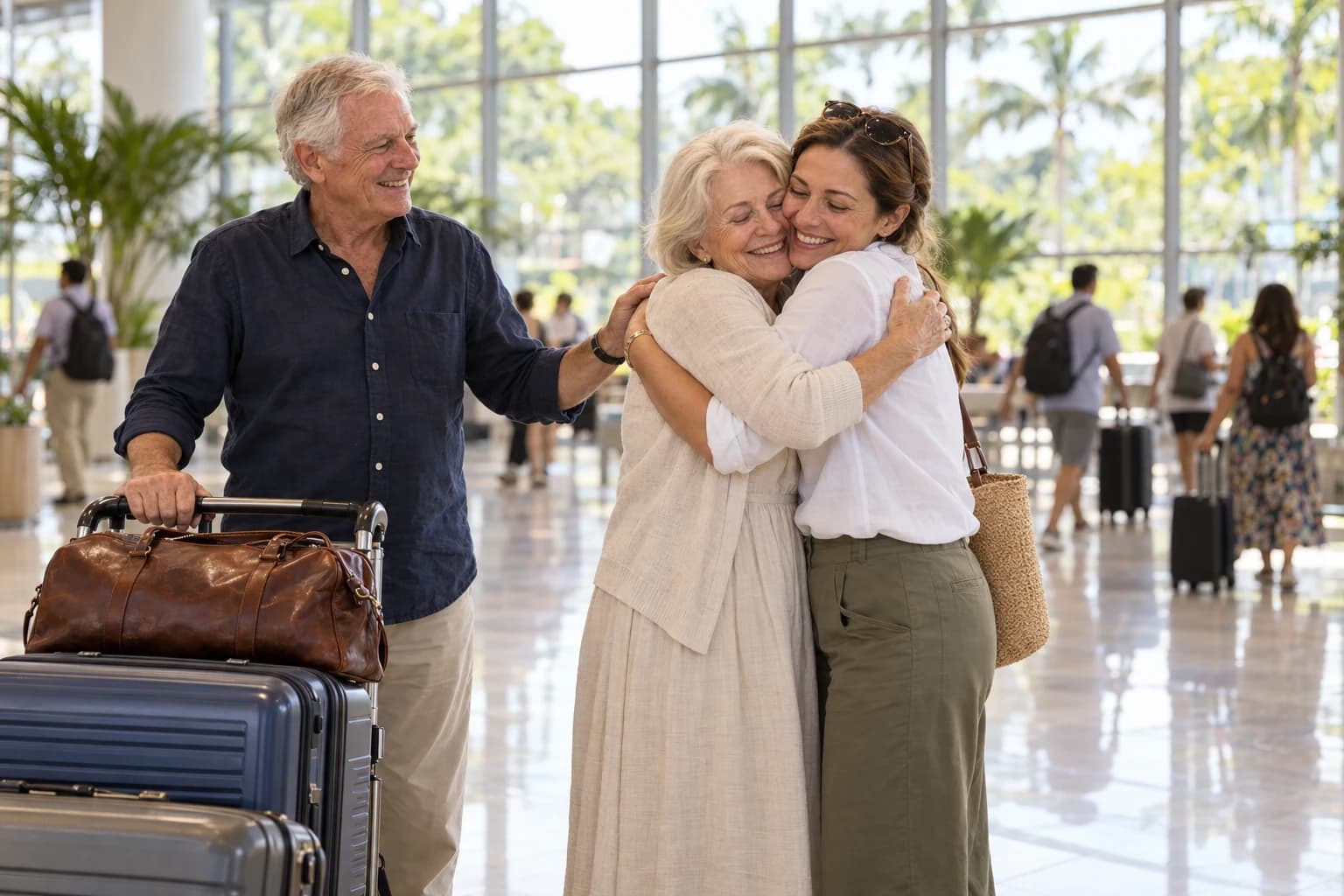 A woman hugs her mother in a bright airport arrivals hall while her father stands smiling beside a luggage trolley