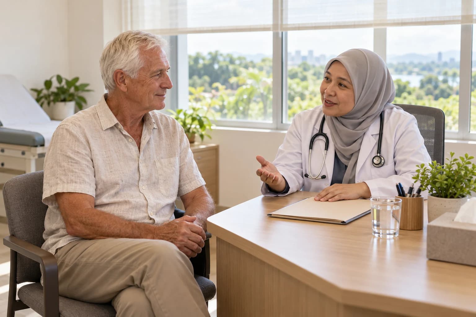 An older man listens as a doctor explains something across her desk in a bright, calm clinic room