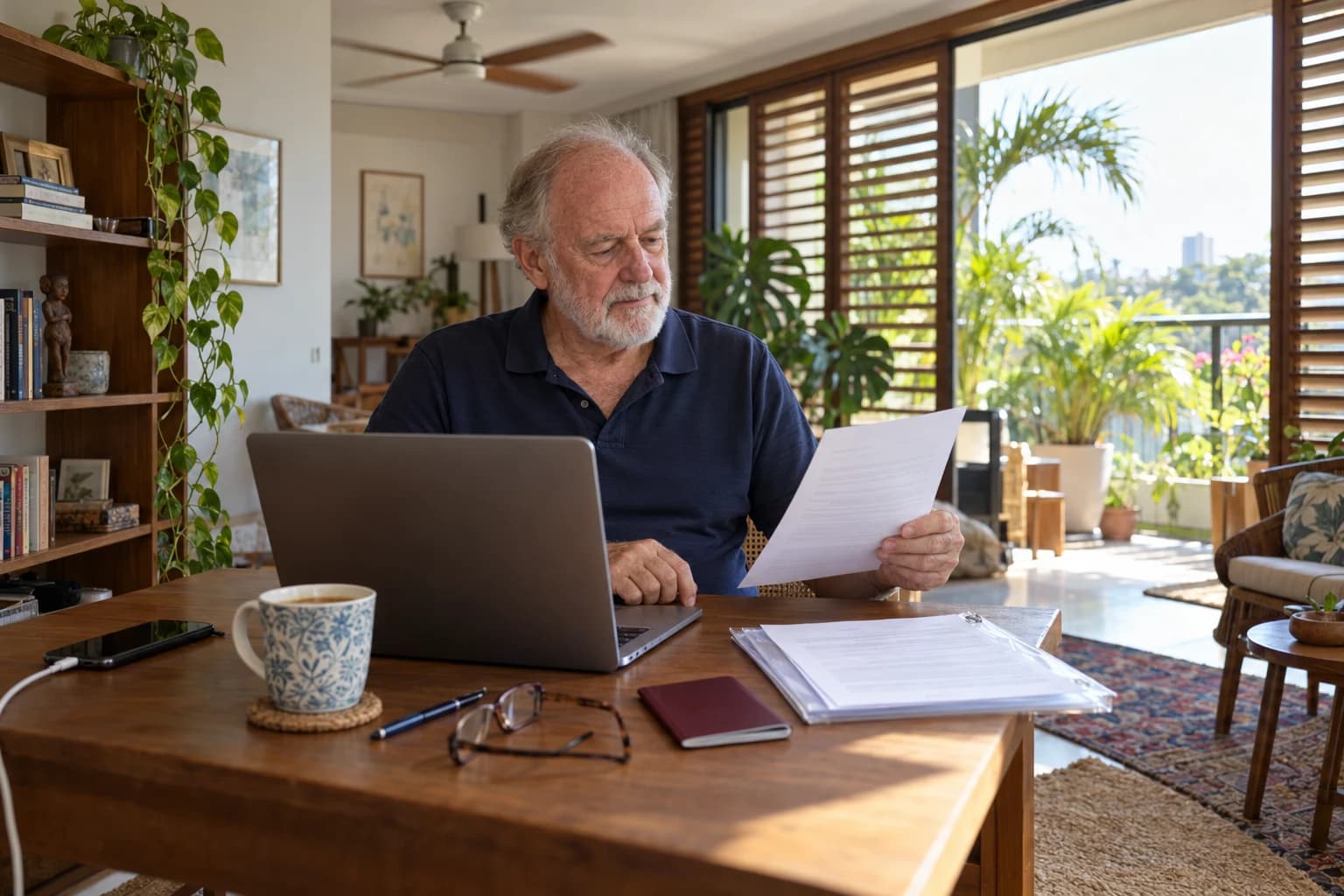 A retired man reads a bank letter at his home desk, with a laptop, passport and document folder beside him and tropical plants on the balcony behind