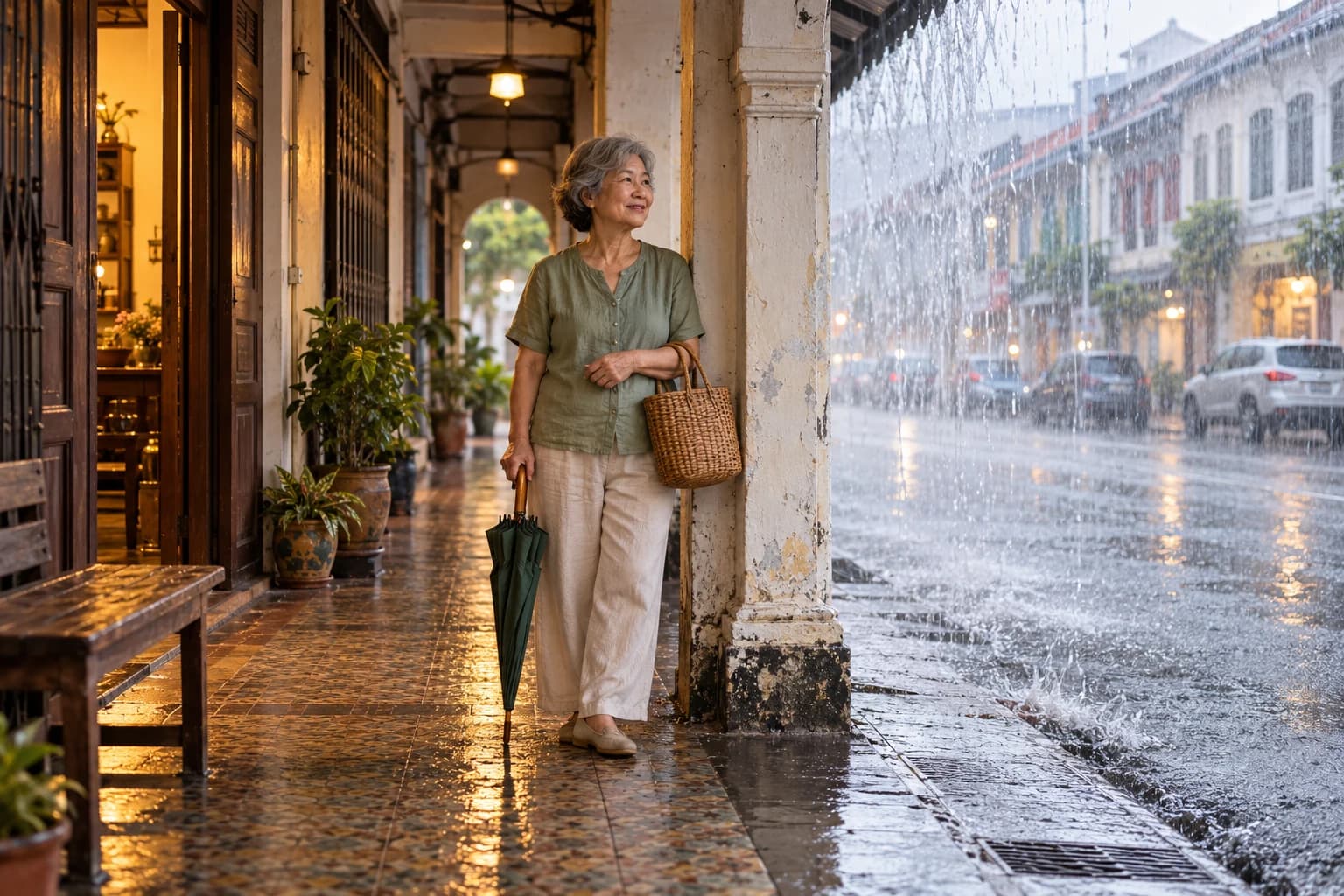 An older woman with a folded umbrella and a rattan basket waits out a heavy afternoon downpour under a shophouse walkway