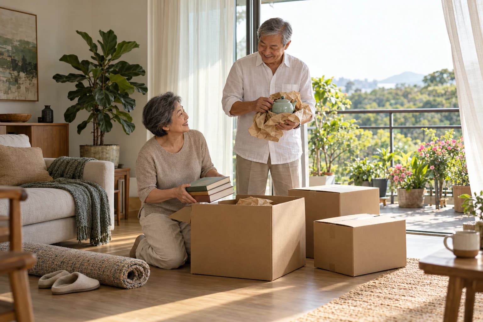 An older couple unpack boxes in a bright apartment, she lifting out a stack of books, he unwrapping a teapot, with a planted balcony behind
