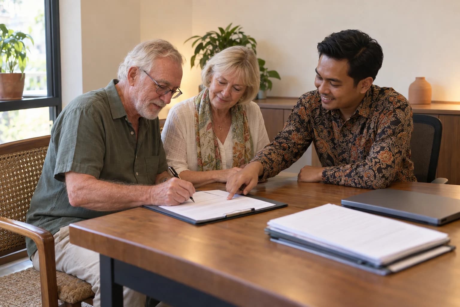 An older man signs a form as an agent in a batik shirt points to the line, while his wife reads along