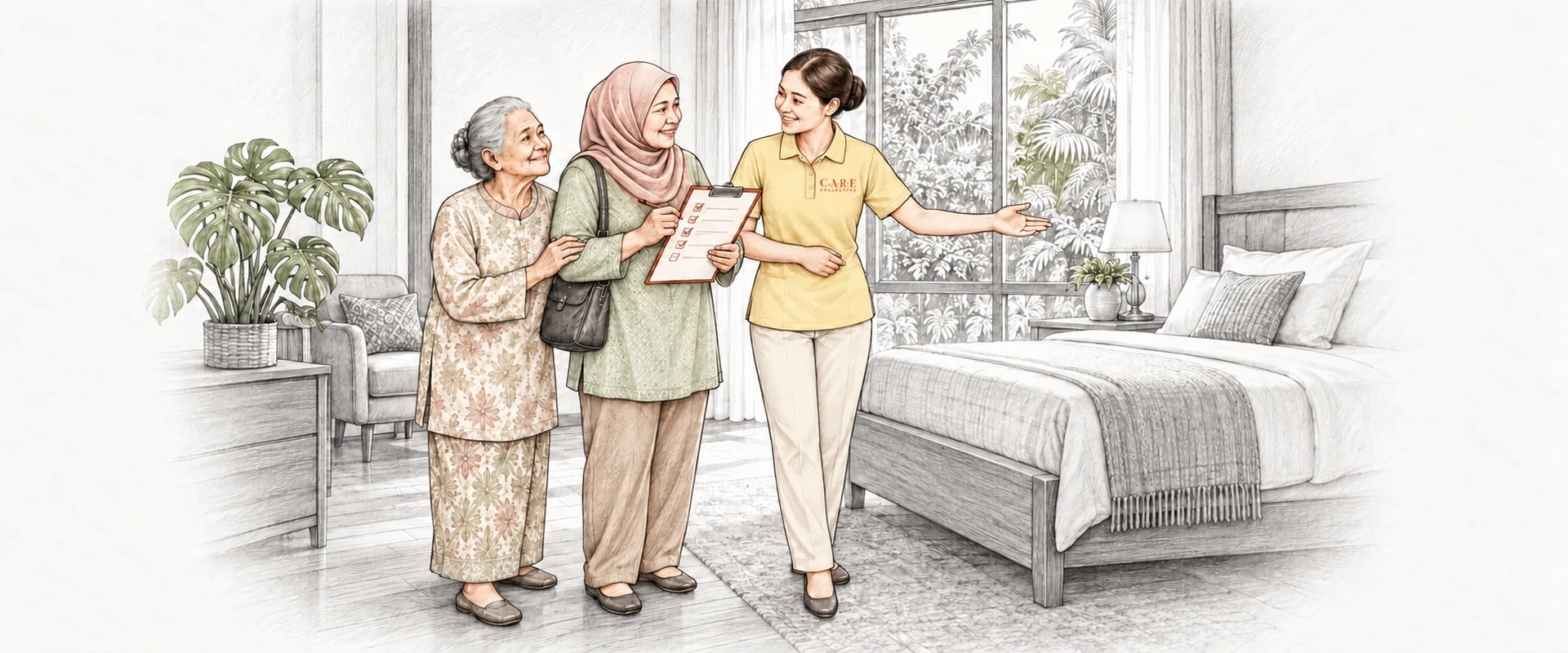 A drawing of a mother and daughter touring a bright bedroom, the daughter ticking a checklist as a staff member shows them the room