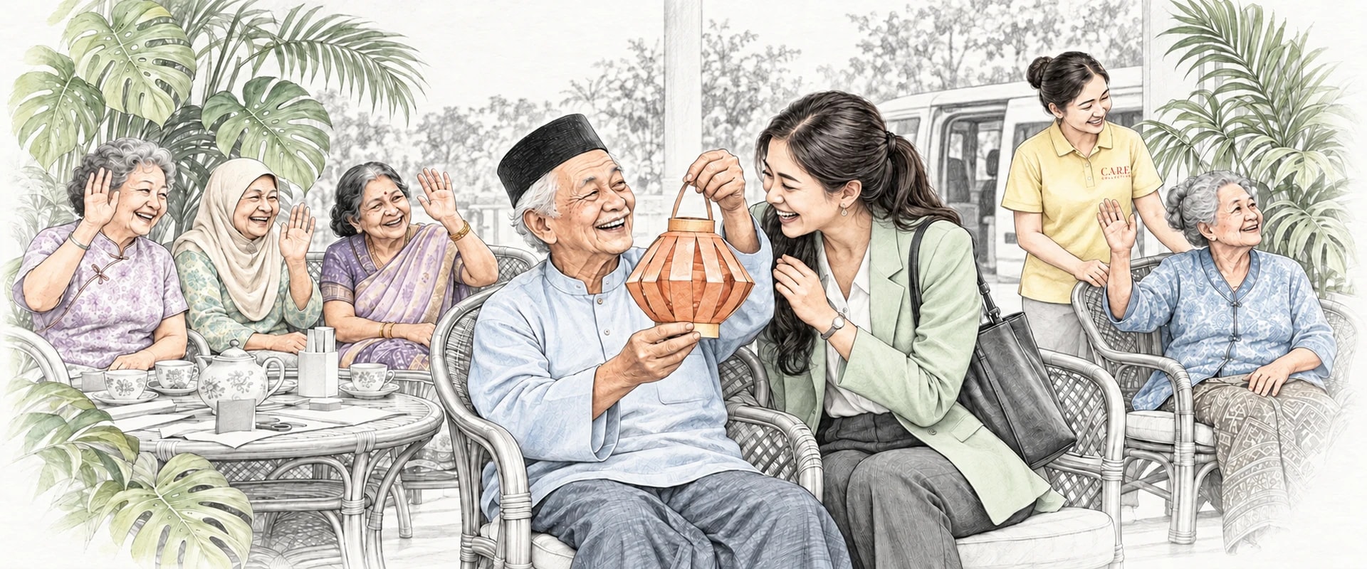 A drawing of an older man in a songkok holding up a paper lantern to show his daughter at pick-up time, while friends at the next table wave and a staff member sits with another member behind