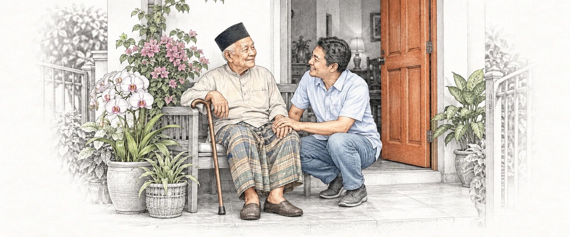 A drawing of an older man in a songkok, a walking stick beside him, sitting on a porch bench as his son crouches to talk with him by an open terracotta front door