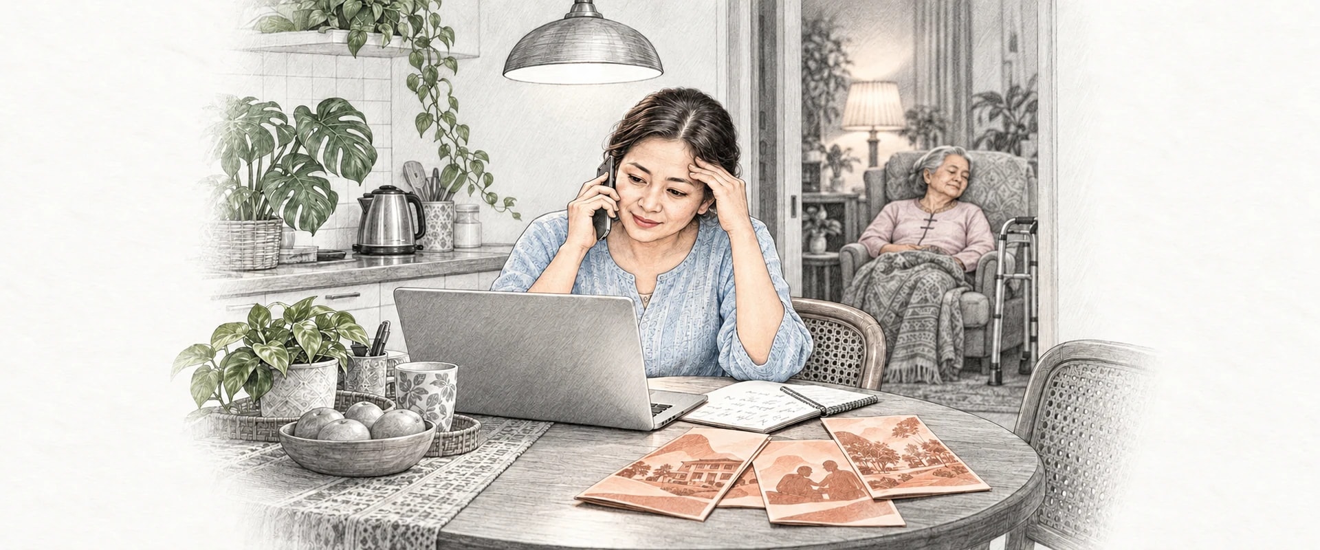 A drawing of a woman on the phone at her kitchen table, a laptop and care home brochures in front of her, while her mother rests in an armchair in the next room