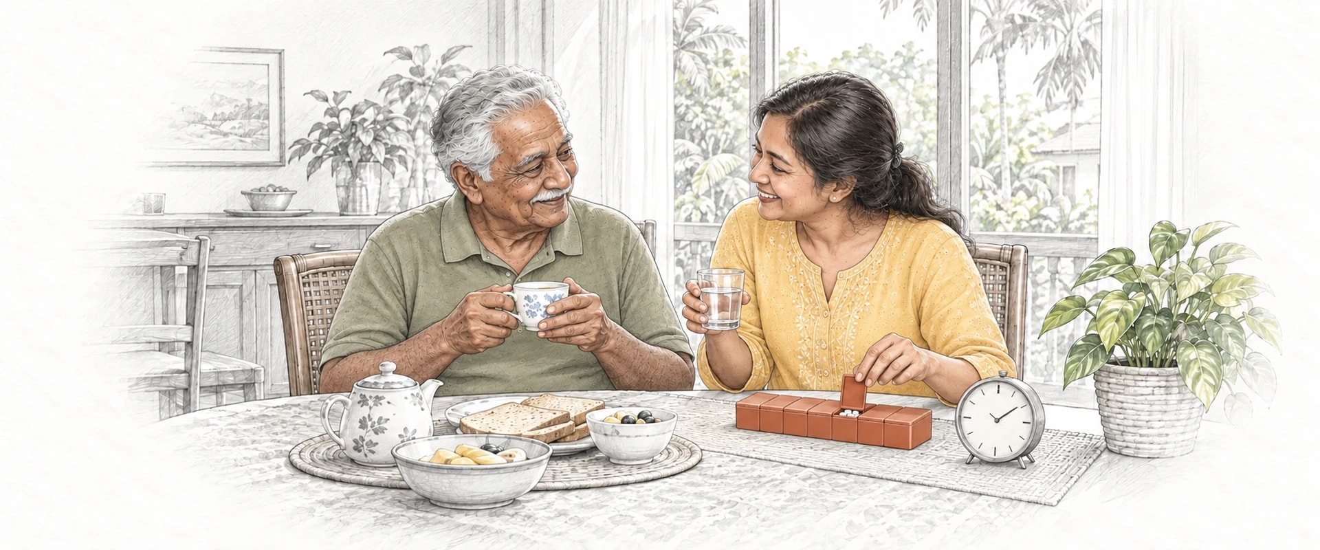 A drawing of an older man drinking tea at the breakfast table while his daughter opens one compartment of his pill organiser, a clock beside it