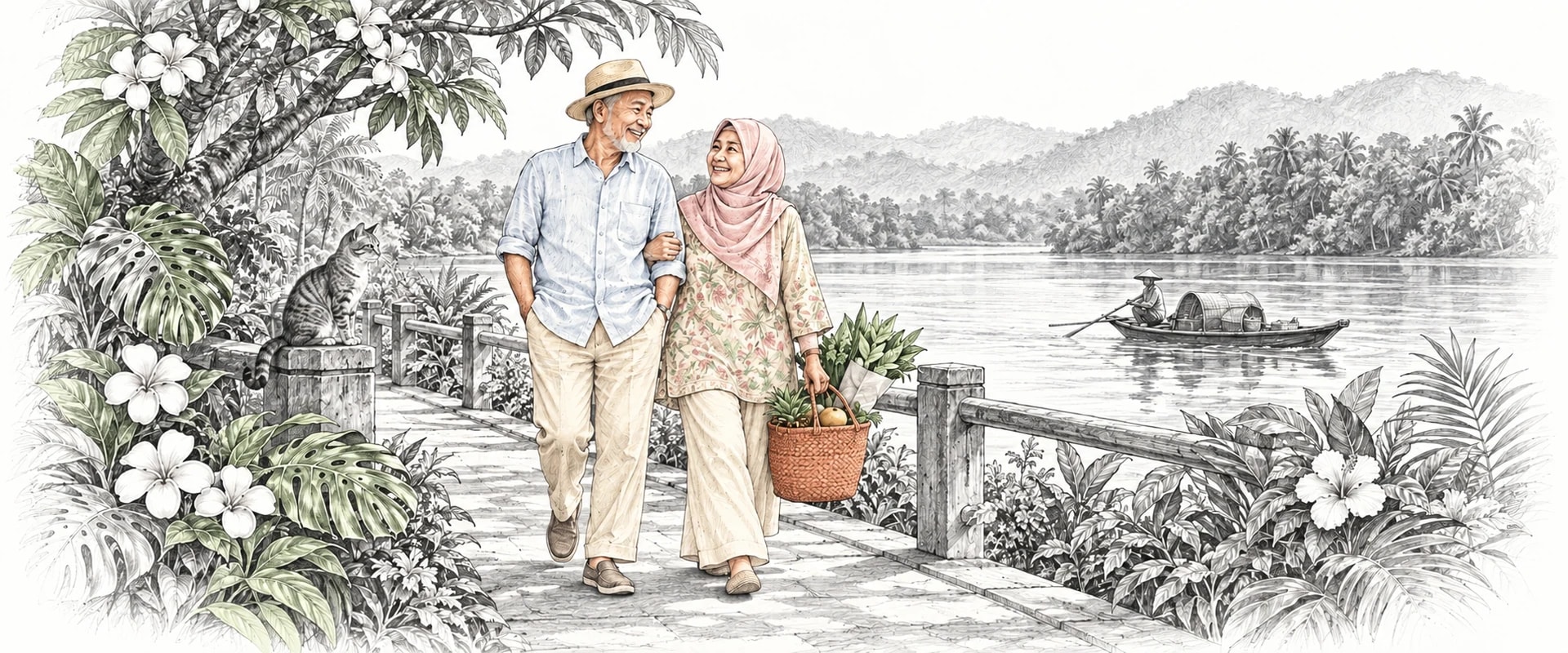 A drawing of an older couple walking arm in arm along a riverside path, she carrying a market basket of fruit and greens, as a boatman rows across the river