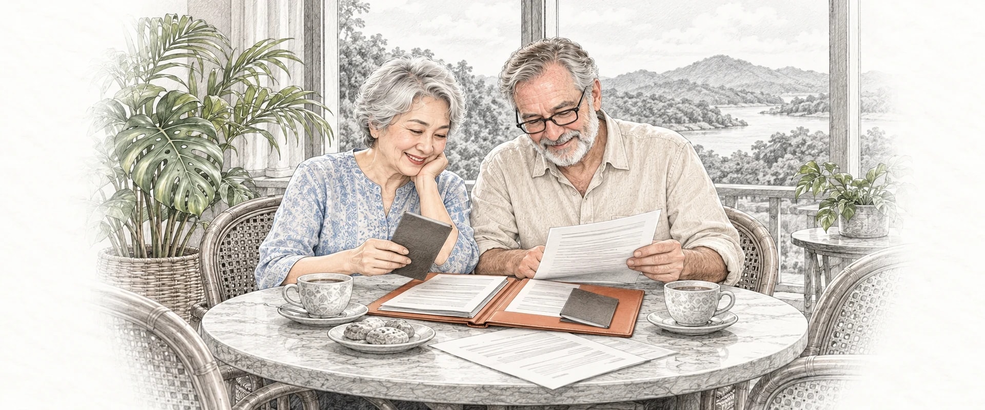 A drawing of an older couple at a café table going through passports and papers in an open folder, with forested hills and a river through the window behind them