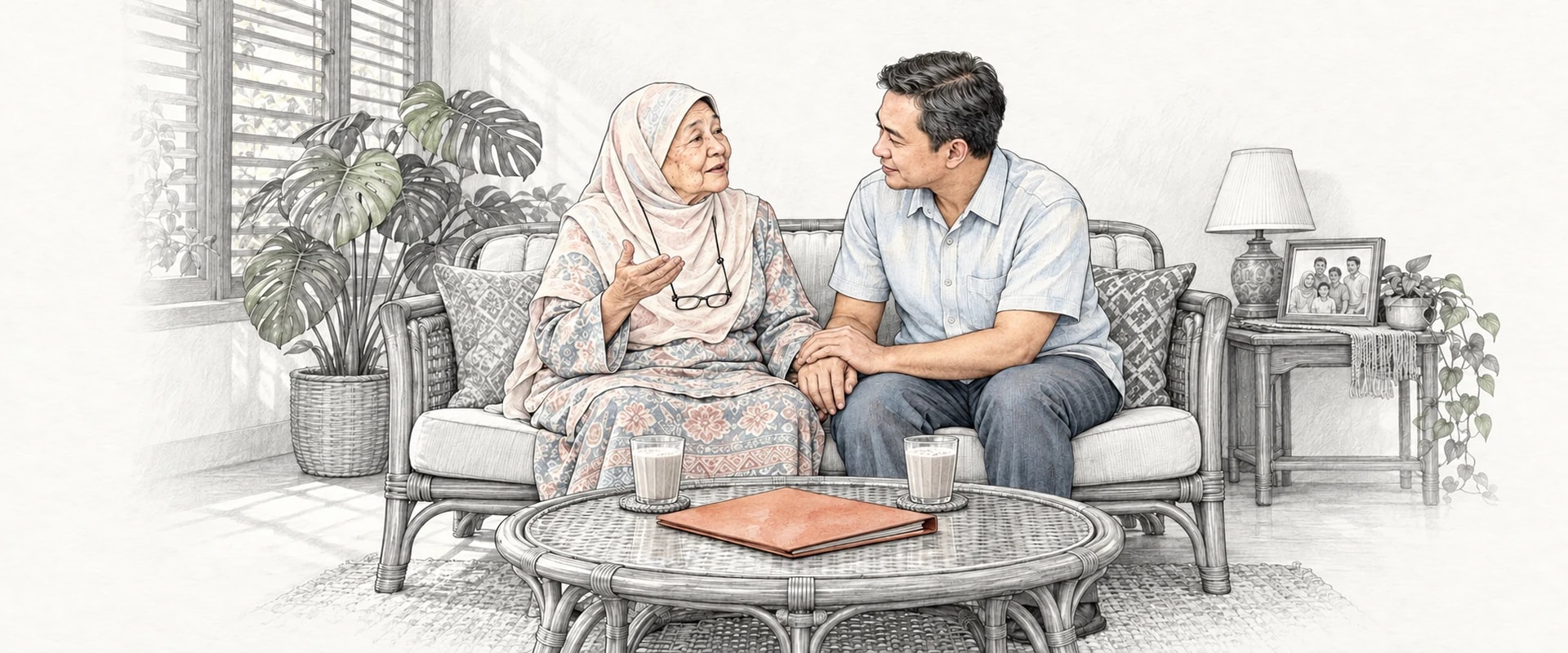 A drawing of an older mother in a headscarf talking on a rattan sofa while her son holds her hand and listens, a folder on the table between two glasses of tea