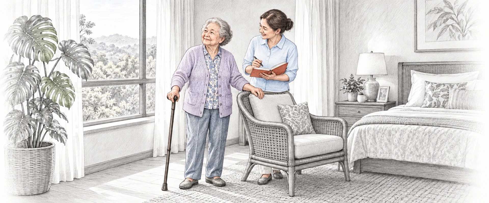 A drawing of an older woman with a walking stick looking round a bright suite while her daughter, holding a notebook, smiles at her