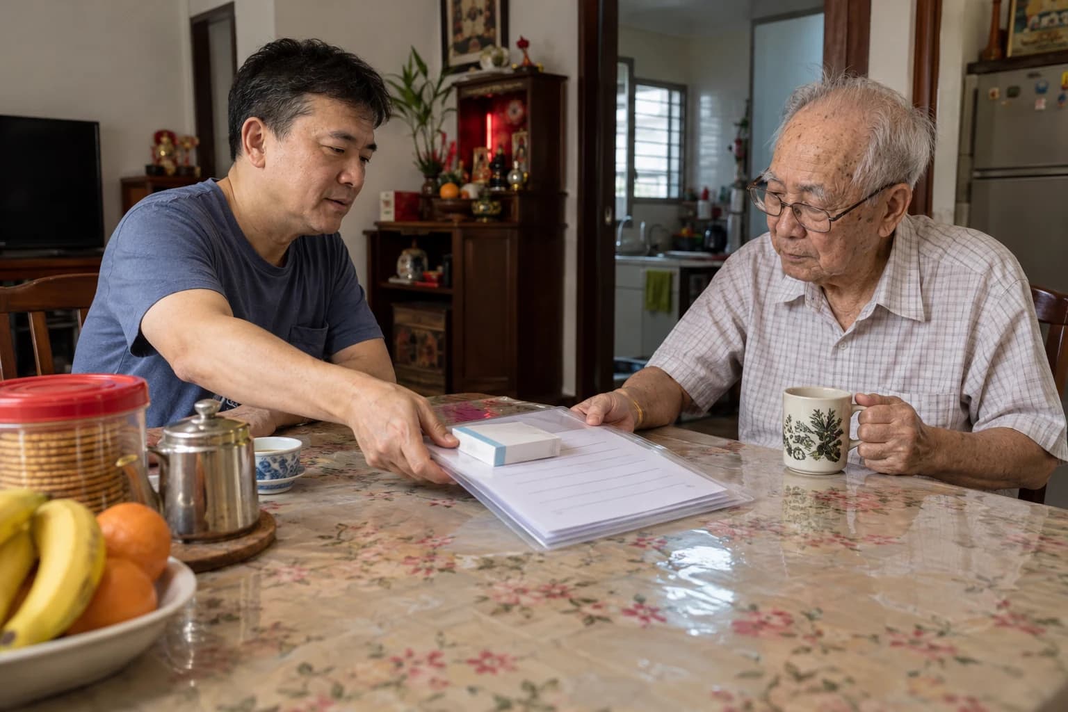 A man hands his father a document folder and a bag of medicine boxes at the dining table