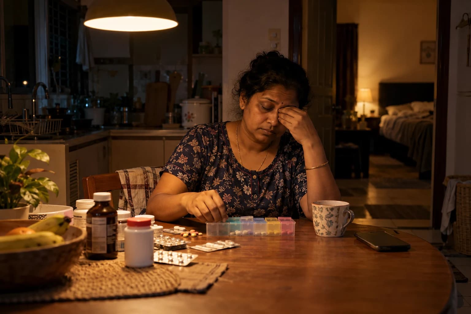 Late at night at a kitchen table, a tired woman sorts tablets into a weekly pill organiser under a single lamp