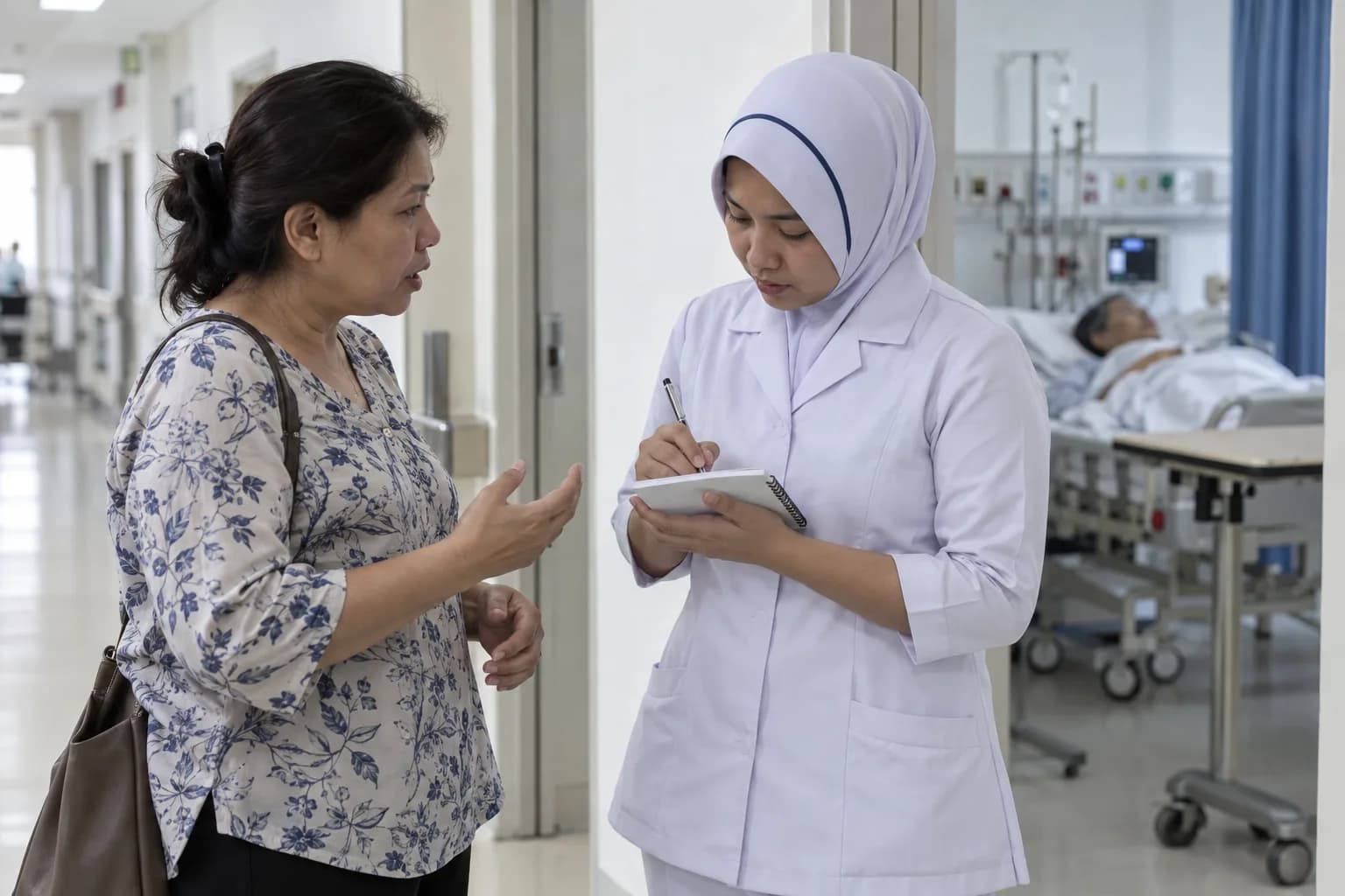 In a hospital corridor, a woman asks a nurse questions while the nurse writes in a notebook