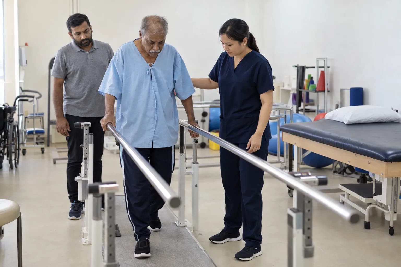 In a hospital therapy room, an older man walks between parallel bars while a physiotherapist steadies him and his son walks behind